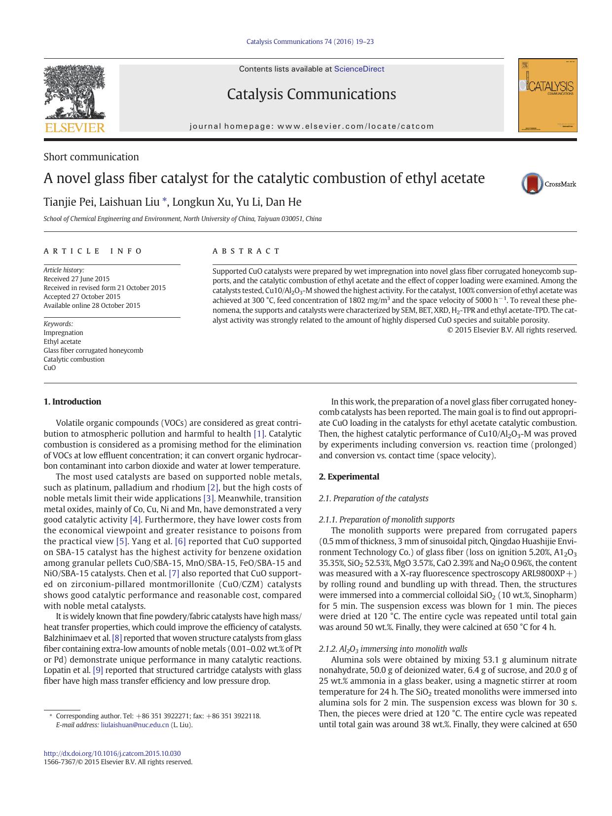 A novel glass fiber catalyst for the catalytic combustion of ethyl acetate by Tianjie Pei & Laishuan Liu & Longkun Xu & Yu Li & Dan He