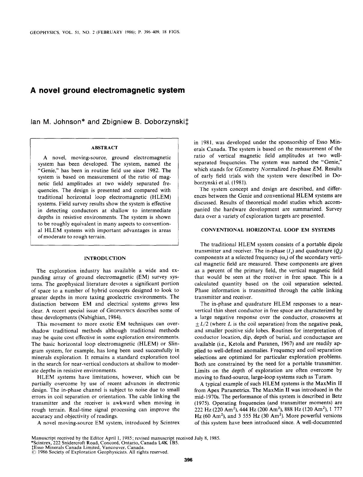 A novel ground electromagnetic system by Johnson I. M.; Doborzynski Z. B