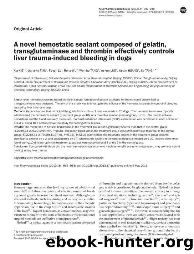 A novel hemostatic sealant composed of gelatin, transglutaminase and thrombin effectively controls liver trauma-induced bleeding in dogs by Xia Xie & Jiang-ke Tian & Fa-qin Lv & Rong Wu & Wen-bo Tang & Yu-kun Luo & Ya-qin Huang & Jie Tang