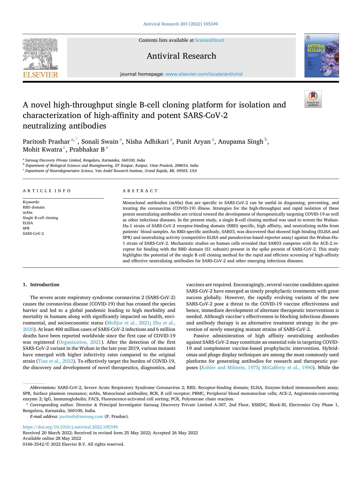 A novel high-throughput single B-cell cloning platform for isolation and characterization of high-affinity and potent SARS-CoV-2 neutralizing antibodies by unknow