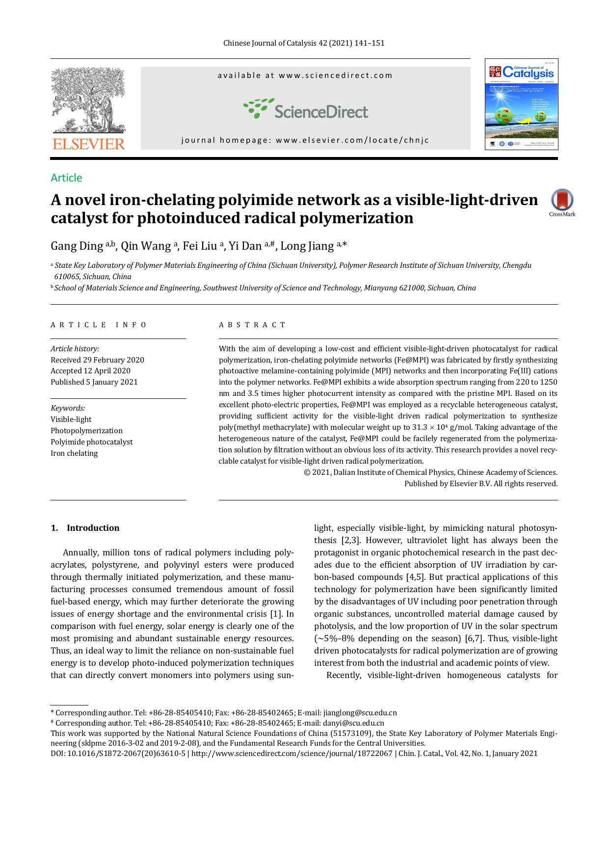 A novel iron-chelating polyimide network as a visible-light-driven catalyst for photoinduced radical polymerization by Gang Ding & Qin Wang & Fei Liu & Yi Dan & Long Jiang