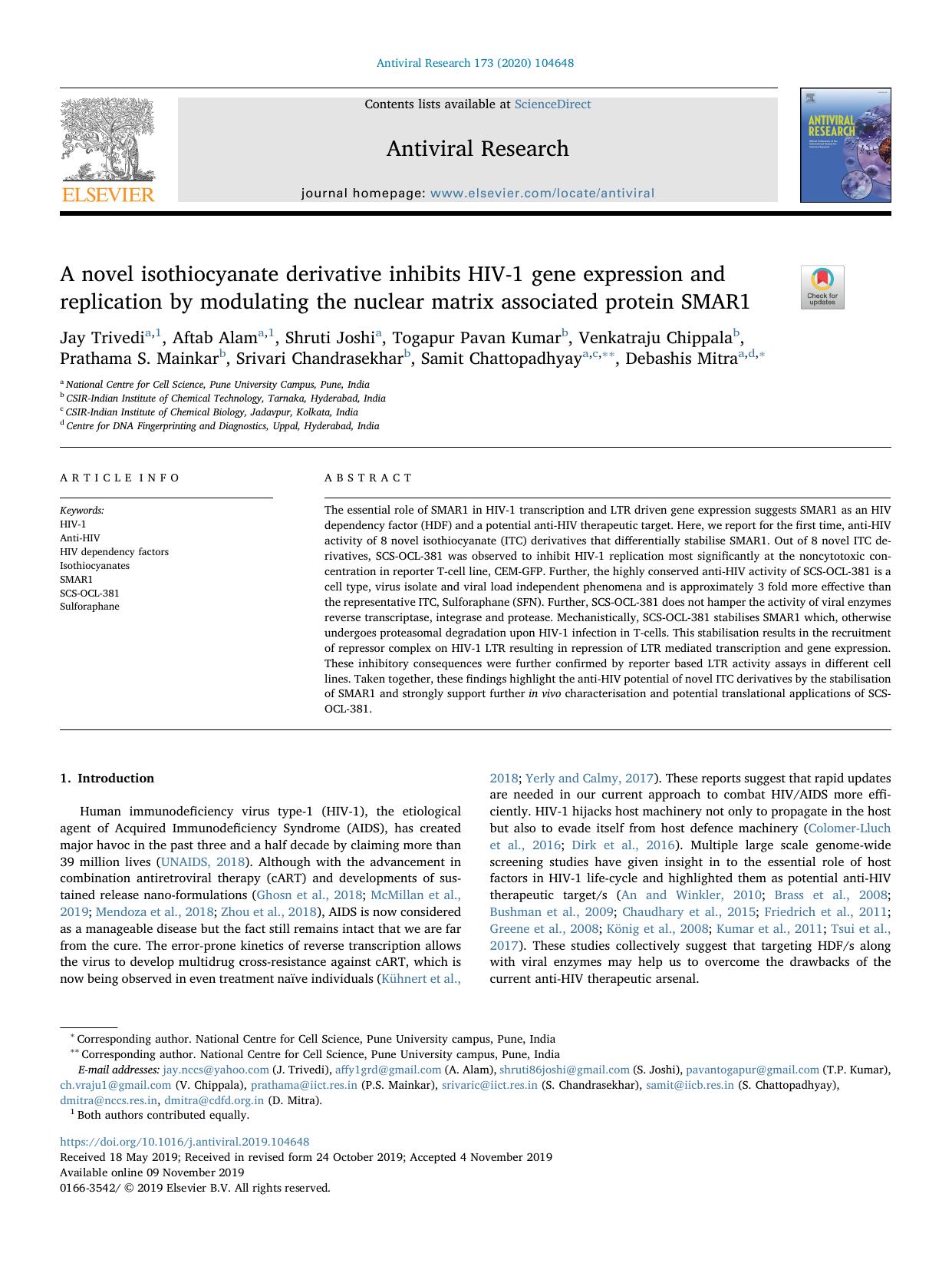A novel isothiocyanate derivative inhibits HIV-1 gene expression and replication by modulating the nuclear matrix associated protein SMAR1 by unknow