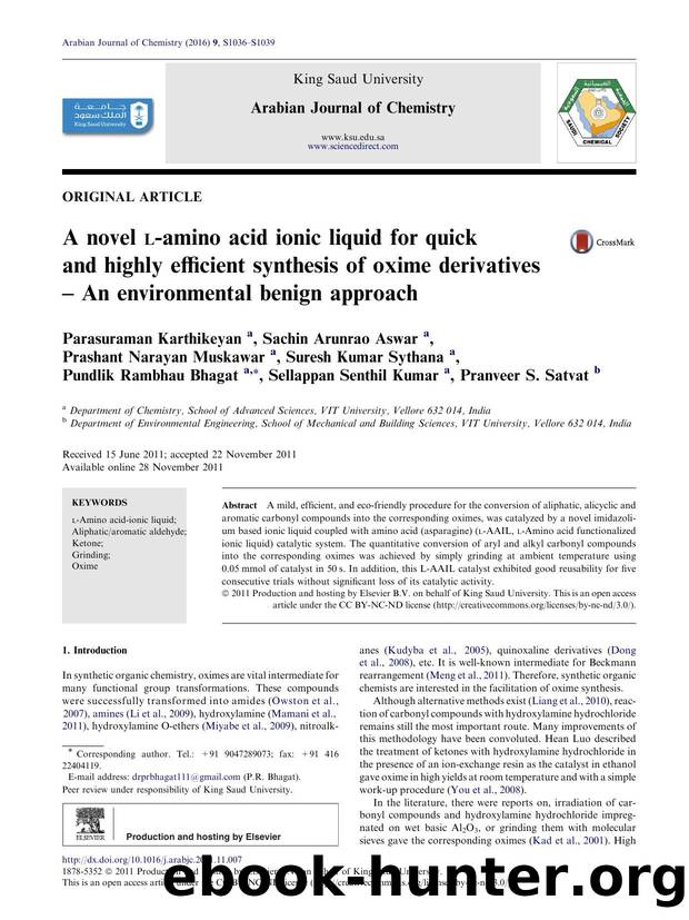 A novel l-amino acid ionic liquid for quick and highly efficient synthesis of oxime derivatives Ã¢â¬â An environmental benign approach by unknow