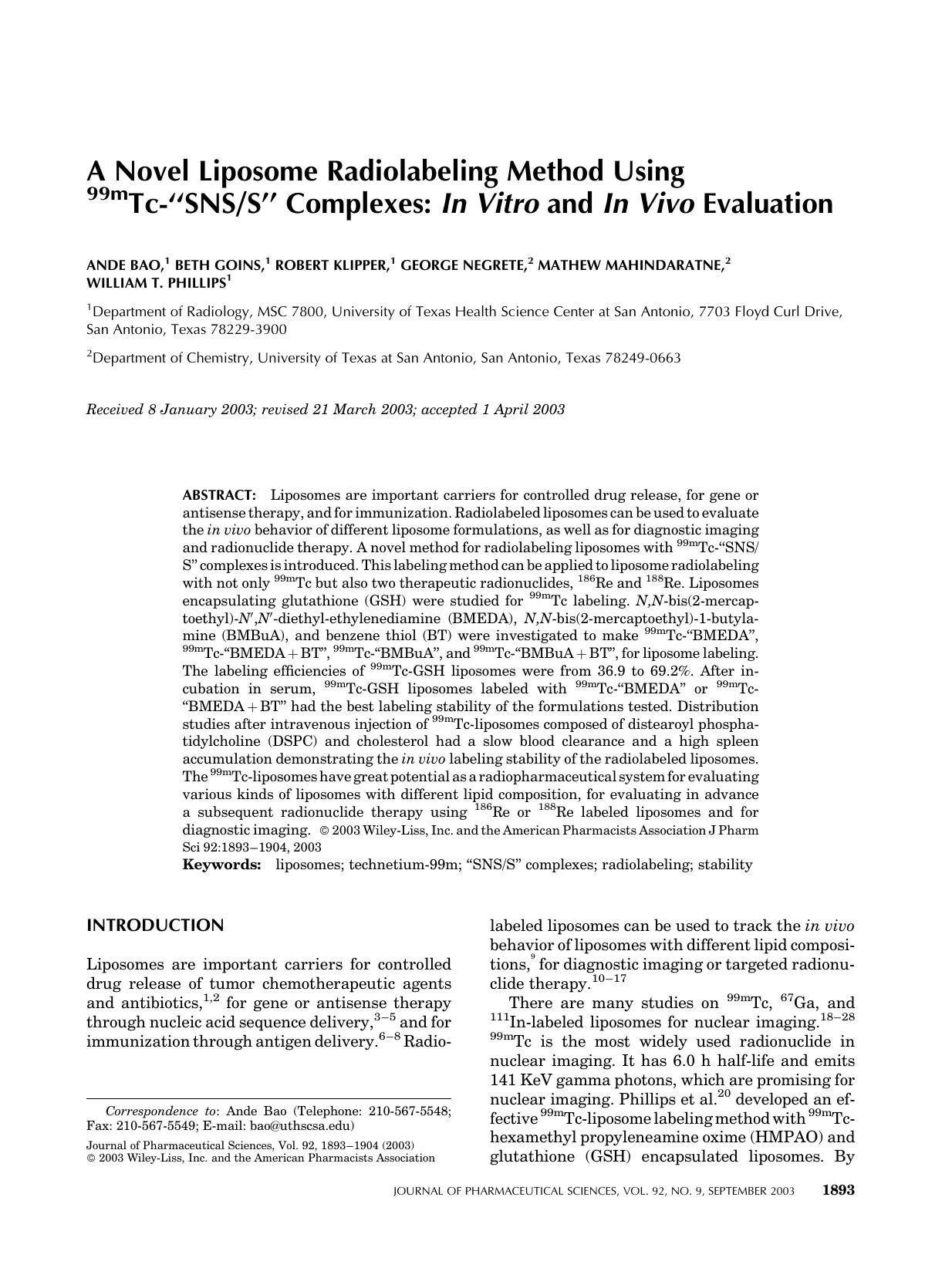 A novel liposome radiolabeling method using 99mTc-"SNSS" complexes: in vitro and in vivo evaluation by Unknown