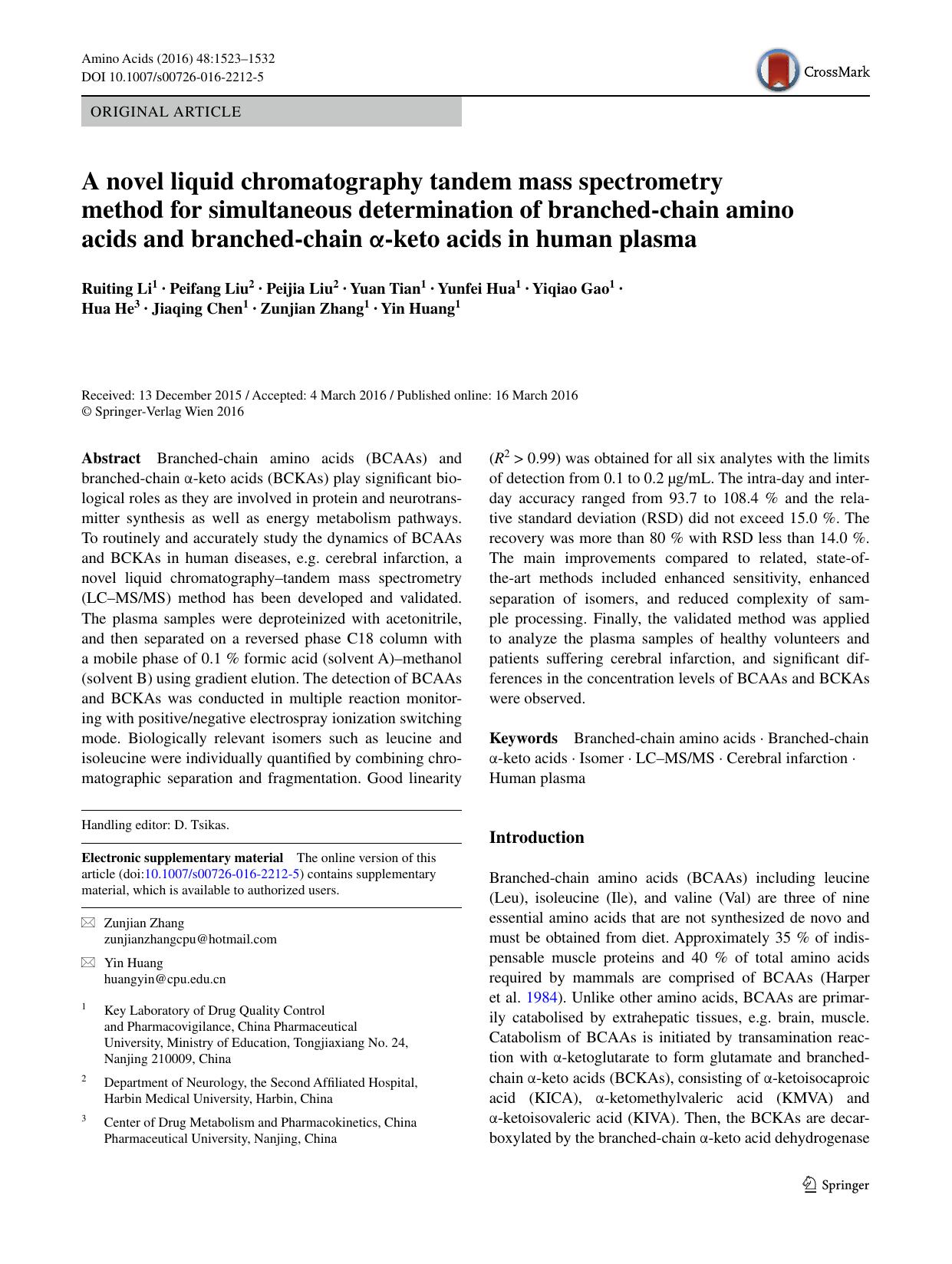 A novel liquid chromatography tandem mass spectrometry method for simultaneous determination of branched-chain amino acids and branched-chain Î±-keto acids in human plasma by unknow