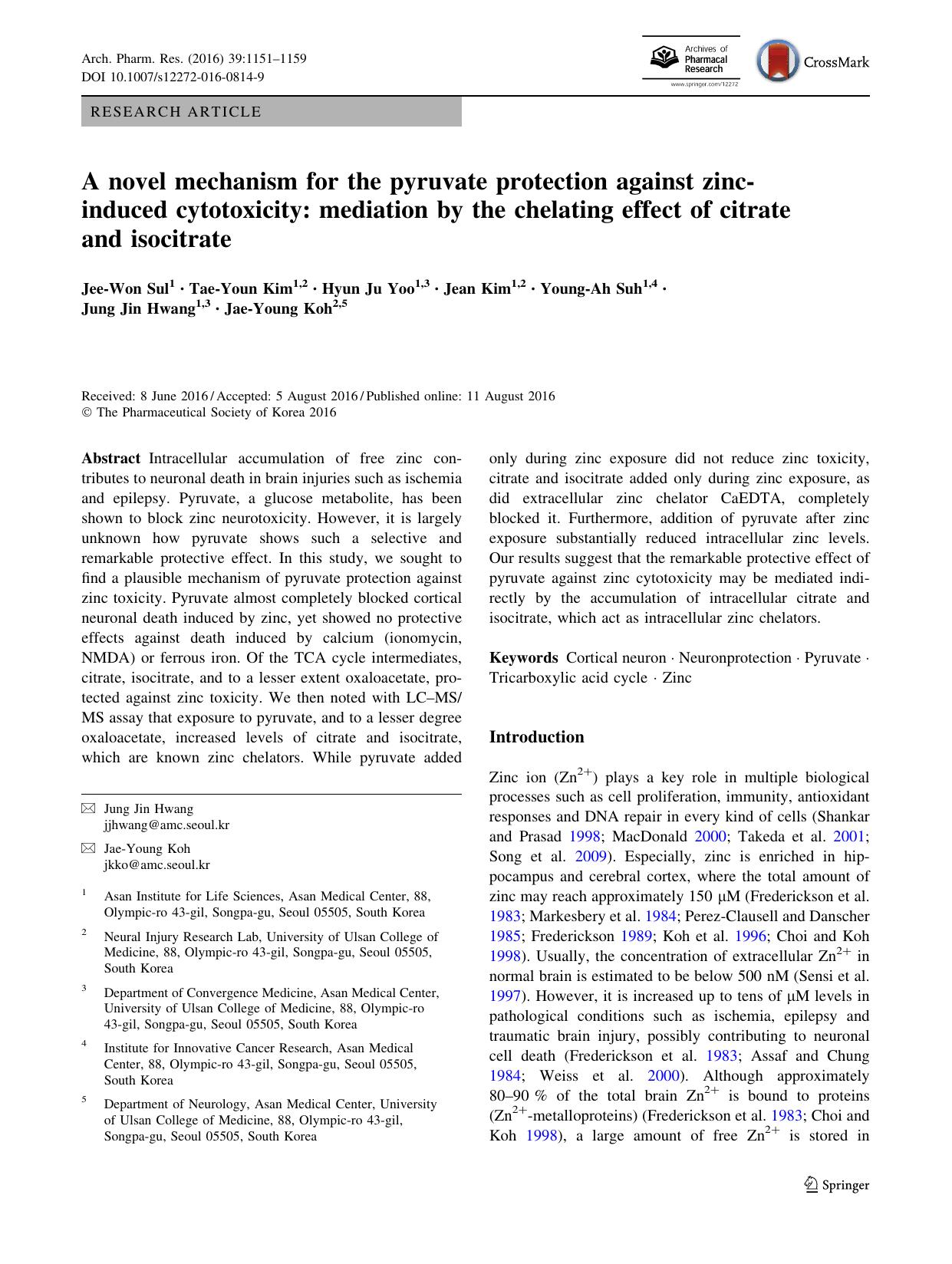 A novel mechanism for the pyruvate protection against zinc-induced cytotoxicity: mediation by the chelating effect of citrate and isocitrate by Jee-Won Sul & Tae-Youn Kim & Hyun Ju Yoo & Jean Kim & Young-Ah Suh & Jung Jin Hwang & Jae-Young Koh