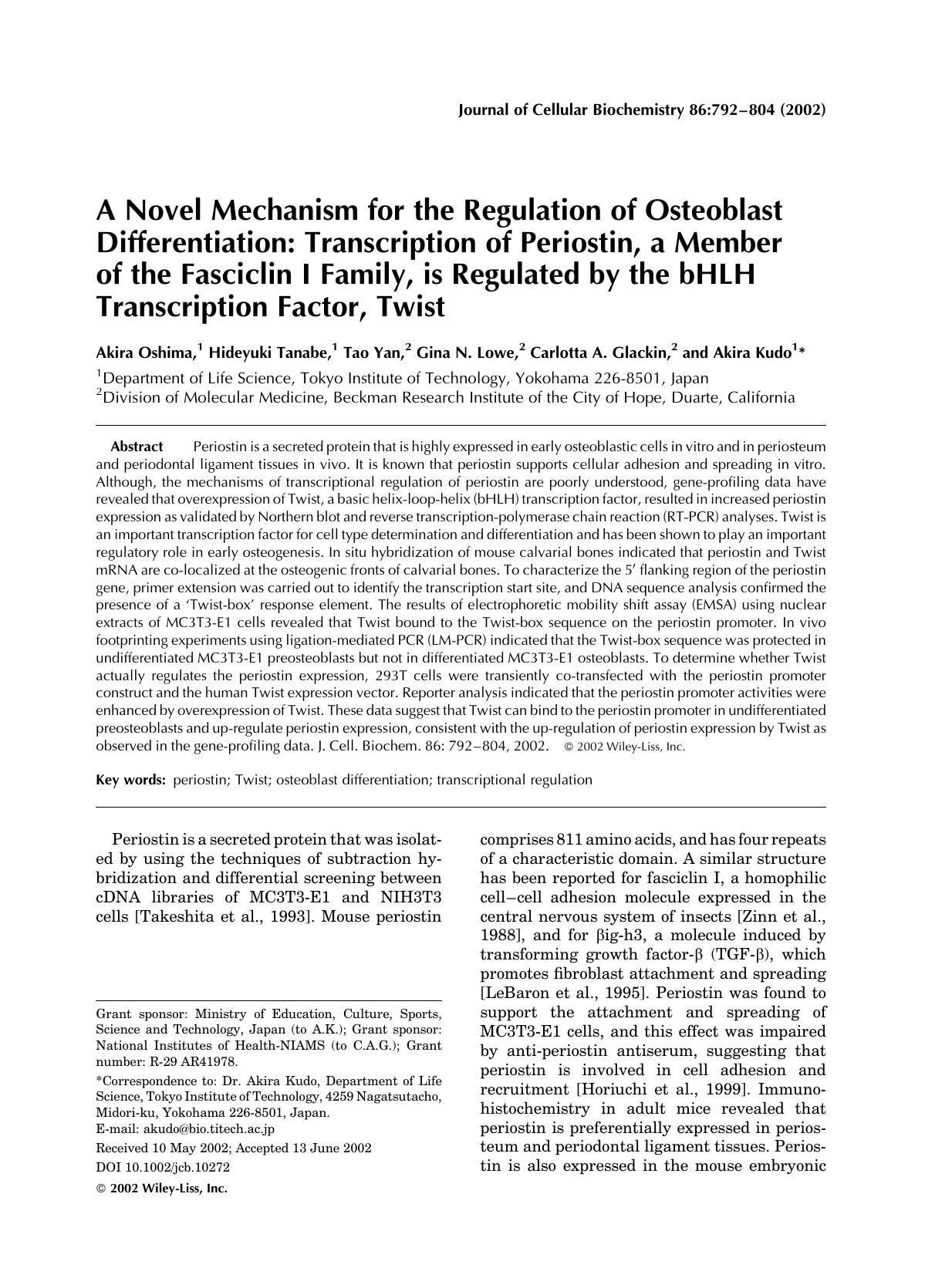 A novel mechanism for the regulation of osteoblast differentiation: Transcription of periostin, a member of the fasciclin I family, is regulated by the bHLH transcription factor, twist by Unknown