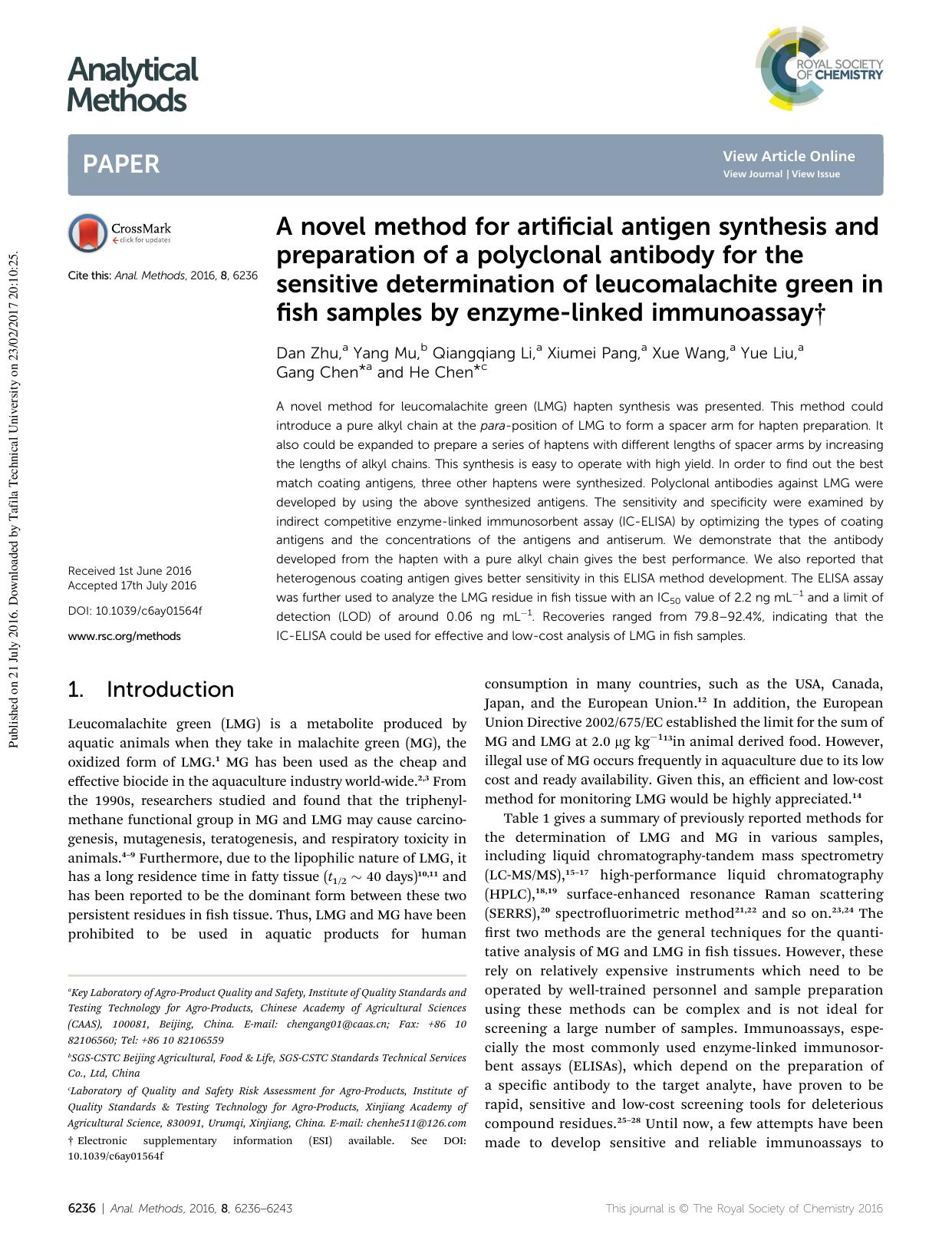 A novel method for artificial antigen synthesis and preparation of a polyclonal antibody for the sensitive determination of leucomalachite green in fish samples by enzyme-linked immunoassay by Dan Zhu & Yang Mu & Qiangqiang Li & Xiumei Pang & Xue Wang & Yue Liu & Gang Chen & He Chen