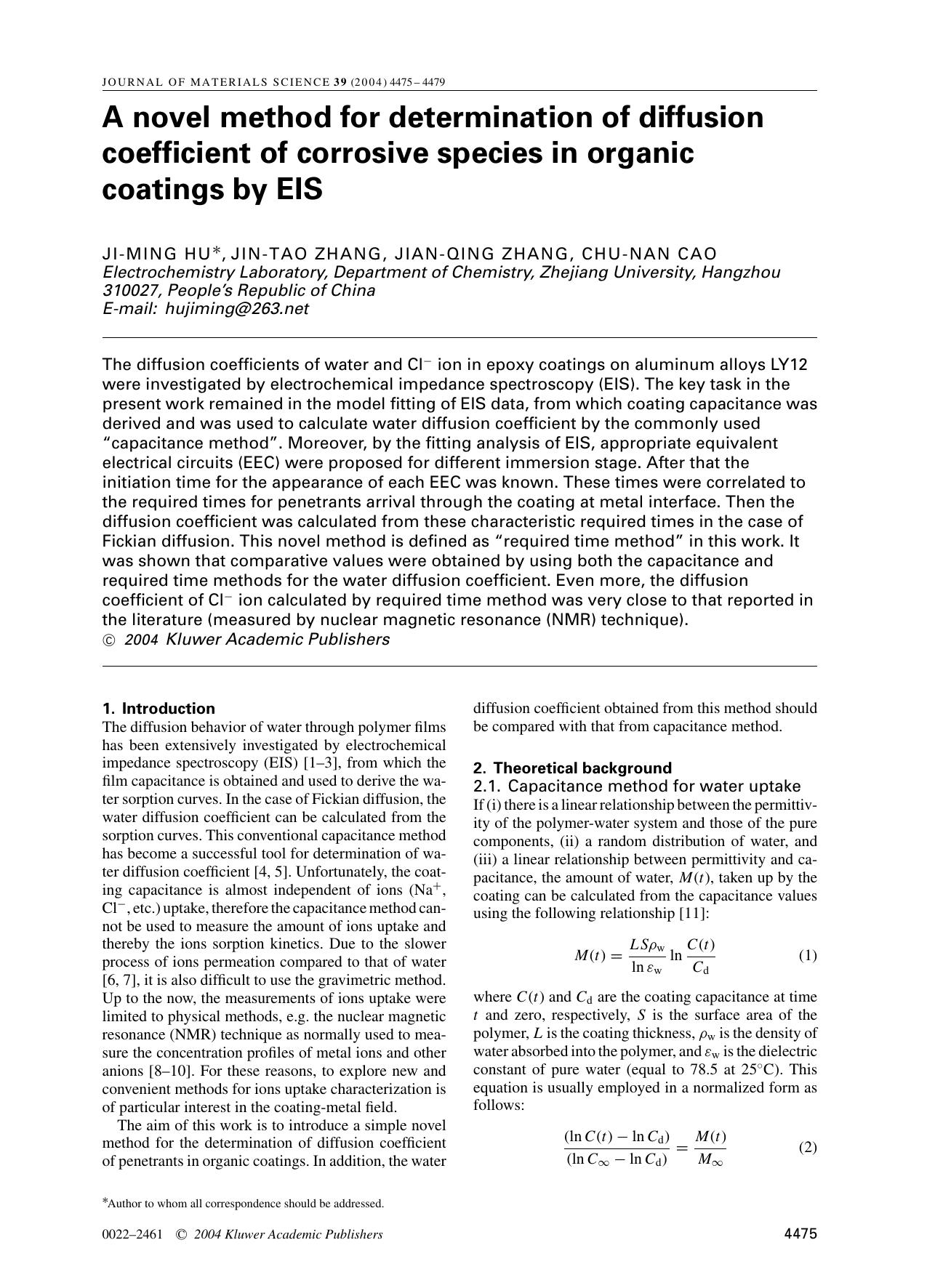A novel method for determination of diffusion coefficient of corrosive species in organic coatings by EIS by Unknown