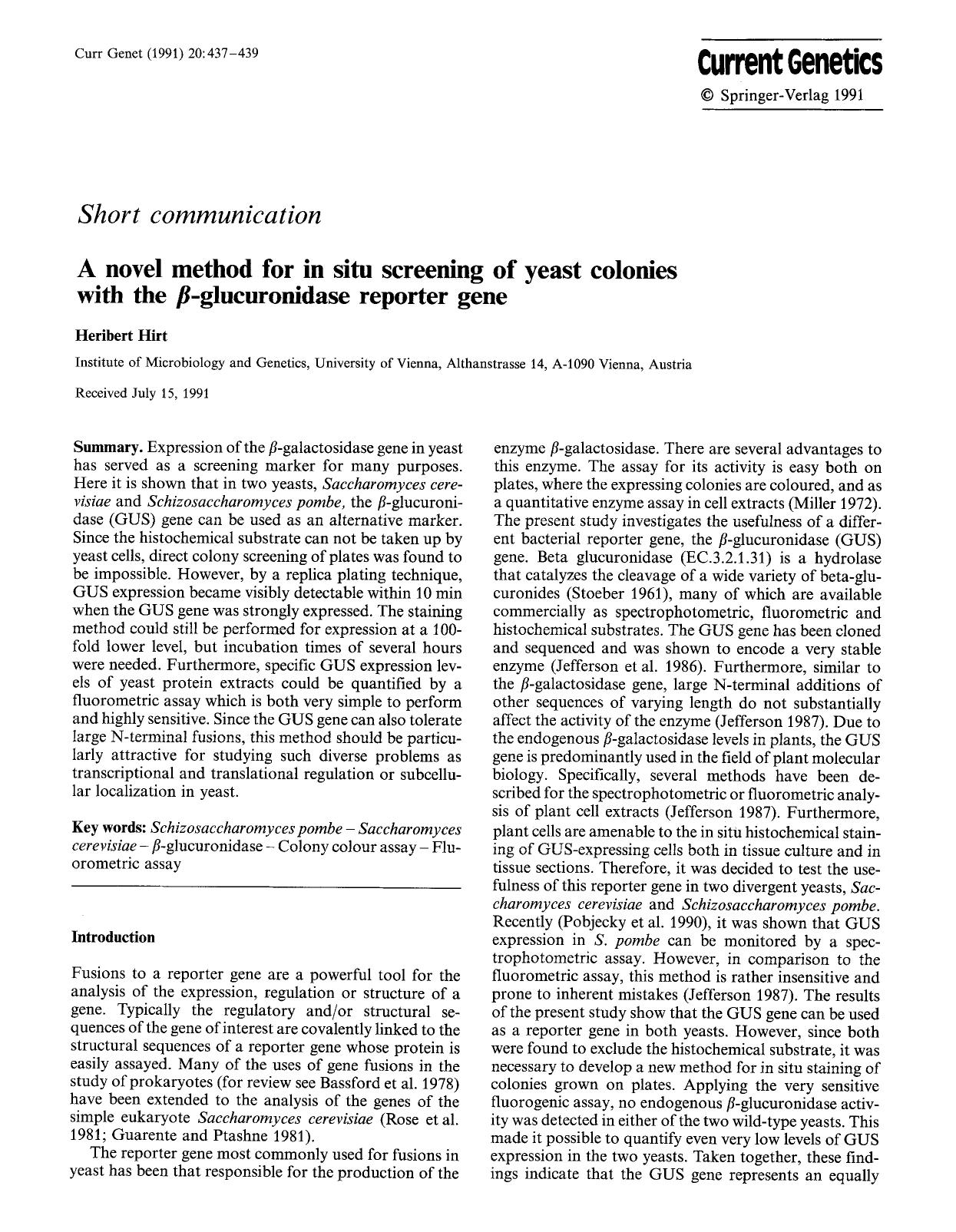 A novel method for in situ screening of yeast colonies with the <Emphasis Type="Italic">&#x03B2;<Emphasis>-glucuronidase reporter gene by Unknown