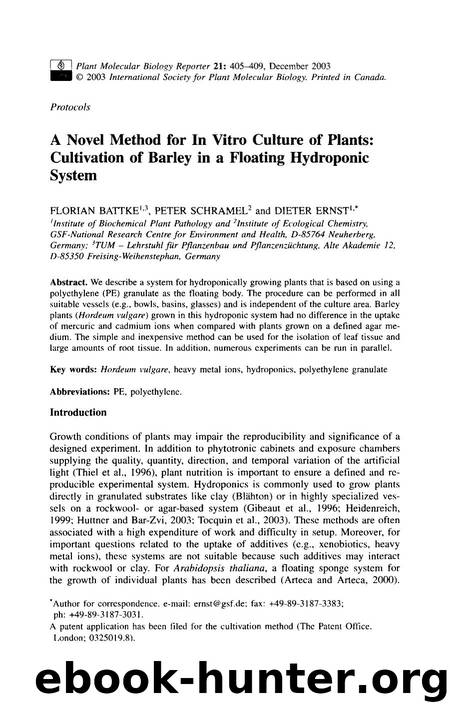 A novel method for in vitro culture of plants: Cultivation of barley in a floating hydroponic system by Unknown