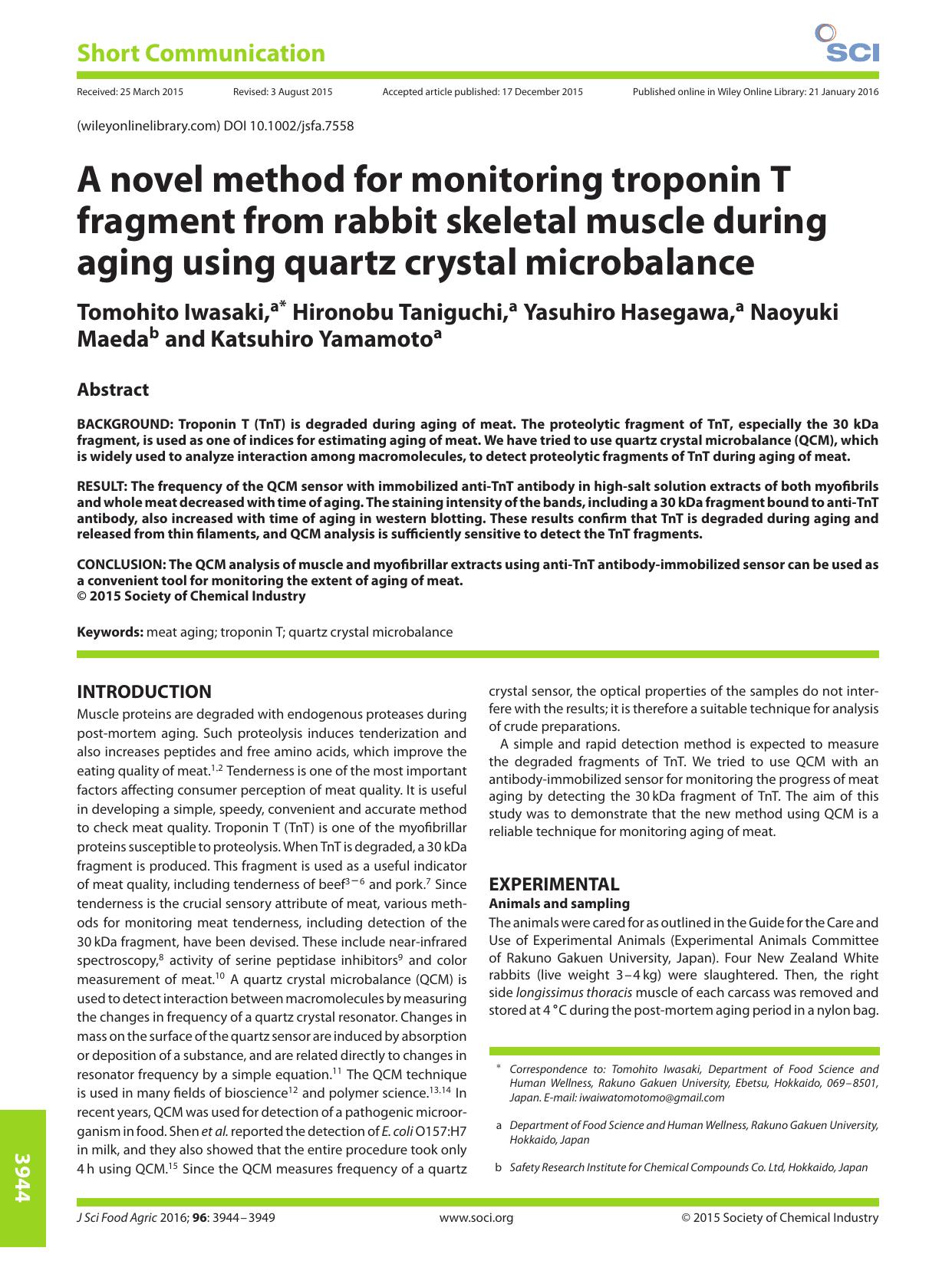 A novel method for monitoring troponin T fragment from rabbit skeletal muscle during aging using quartz crystal microbalance by Unknown