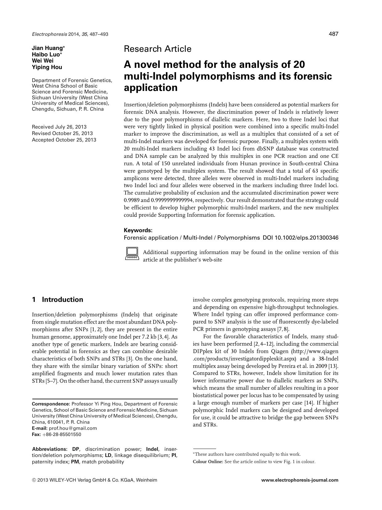 A novel method for the analysis of 20 multi&#x02010;<fc>I<fc>ndel polymorphisms and its forensic application by Unknown