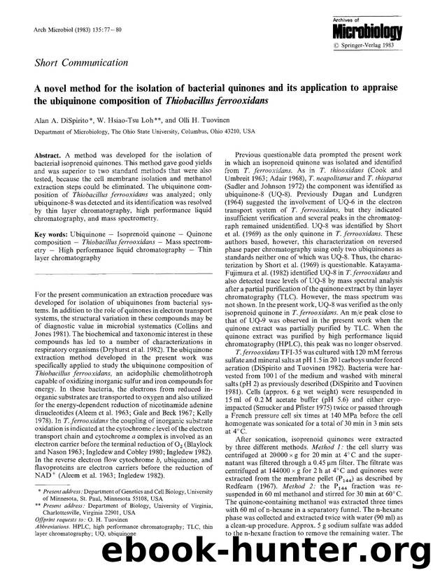 A novel method for the isolation of bacterial quinones and its application to appraise the ubiquinone composition of <Emphasis Type="Italic">Thiobacillus ferrooxidans<Emphasis> by Unknown