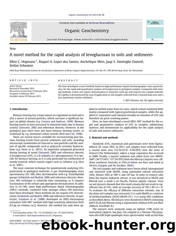 A novel method for the rapid analysis of levoglucosan in soils and sediments by Ellen C. Hopmans