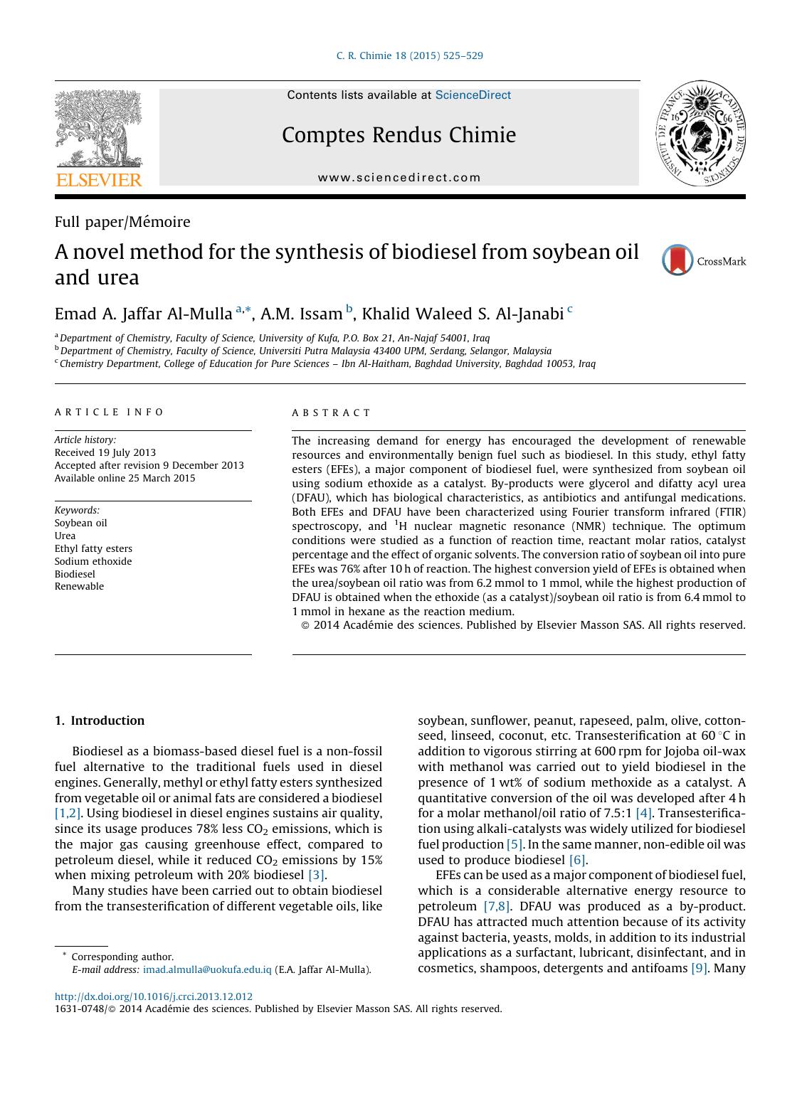 A novel method for the synthesis of biodiesel from soybean oil and urea by Emad A. Jaffar Al-Mulla & A.M. Issam & Khalid Waleed S. Al-Janabi