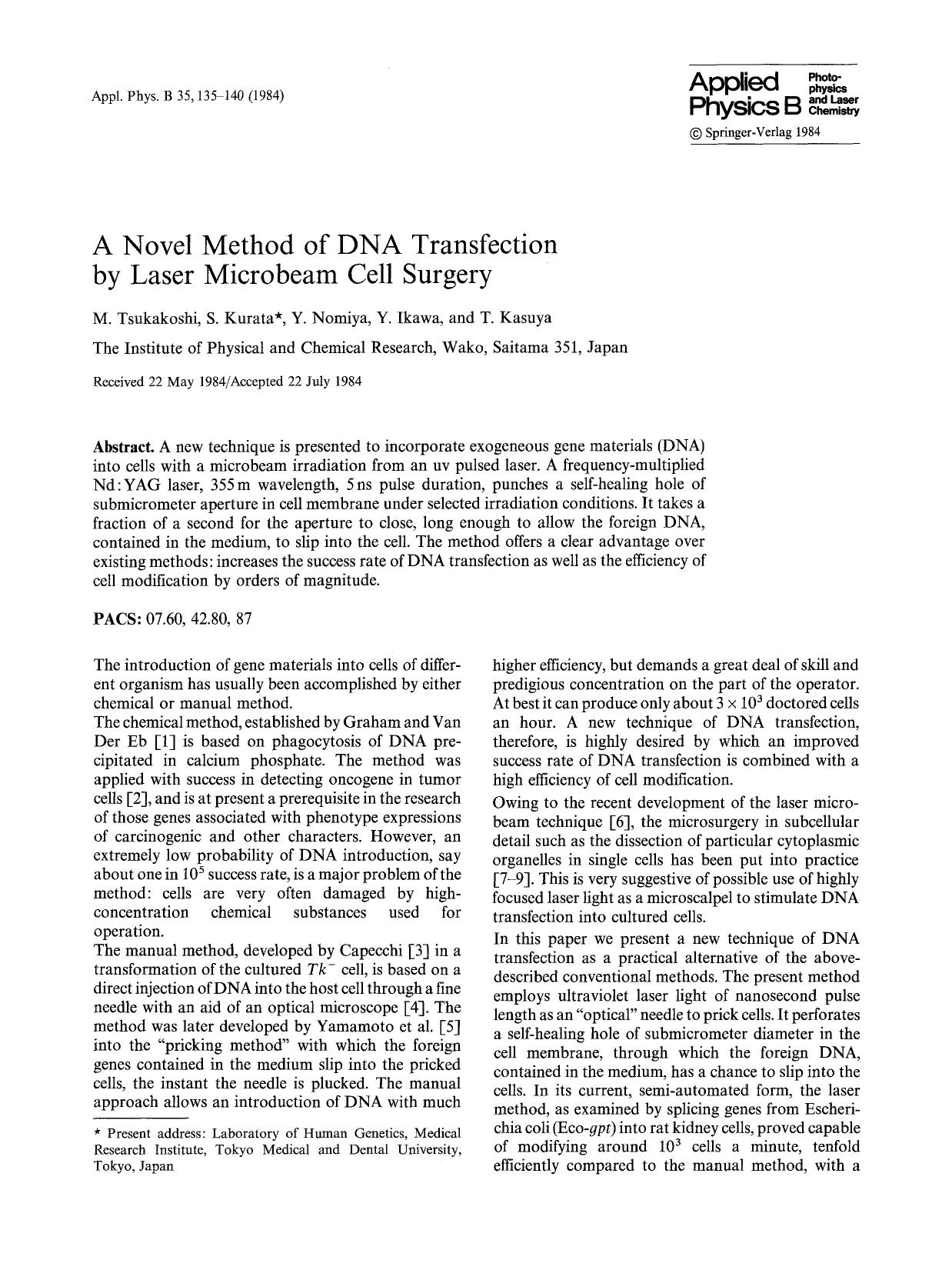 A novel method of DNA transfection by laser microbeam cell surgery by Unknown