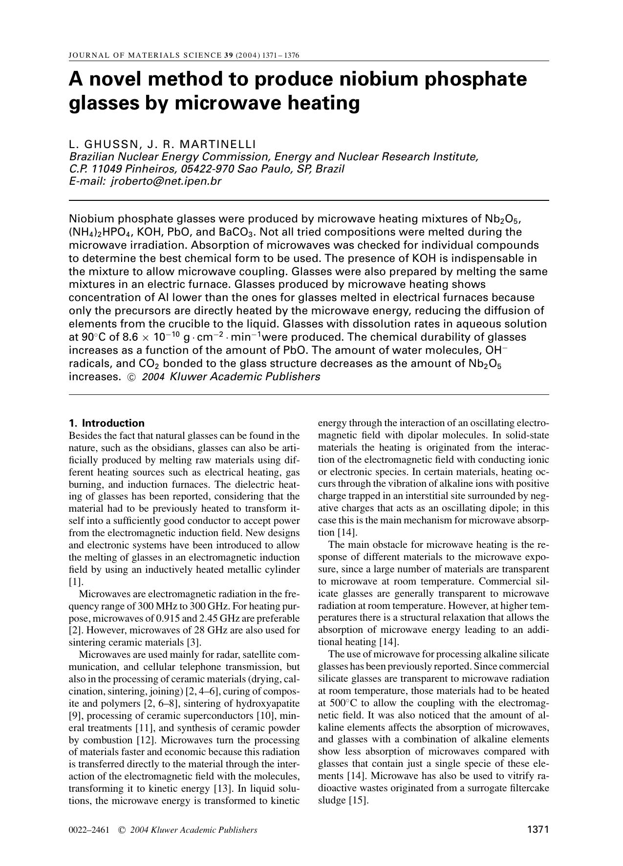 A novel method to produce niobium phosphate glasses by microwave heating by Unknown