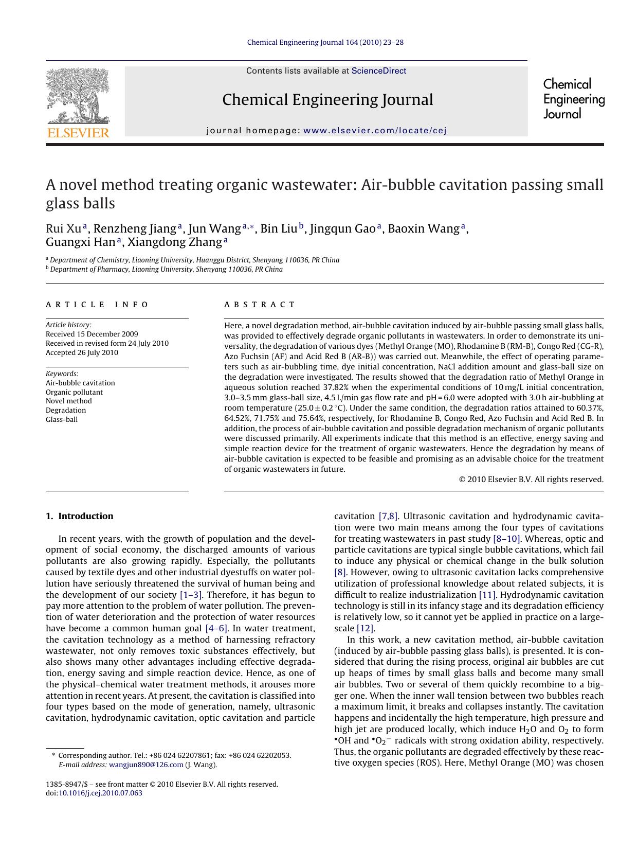A novel method treating organic wastewater: Air-bubble cavitation passing small glass balls by Rui Xu