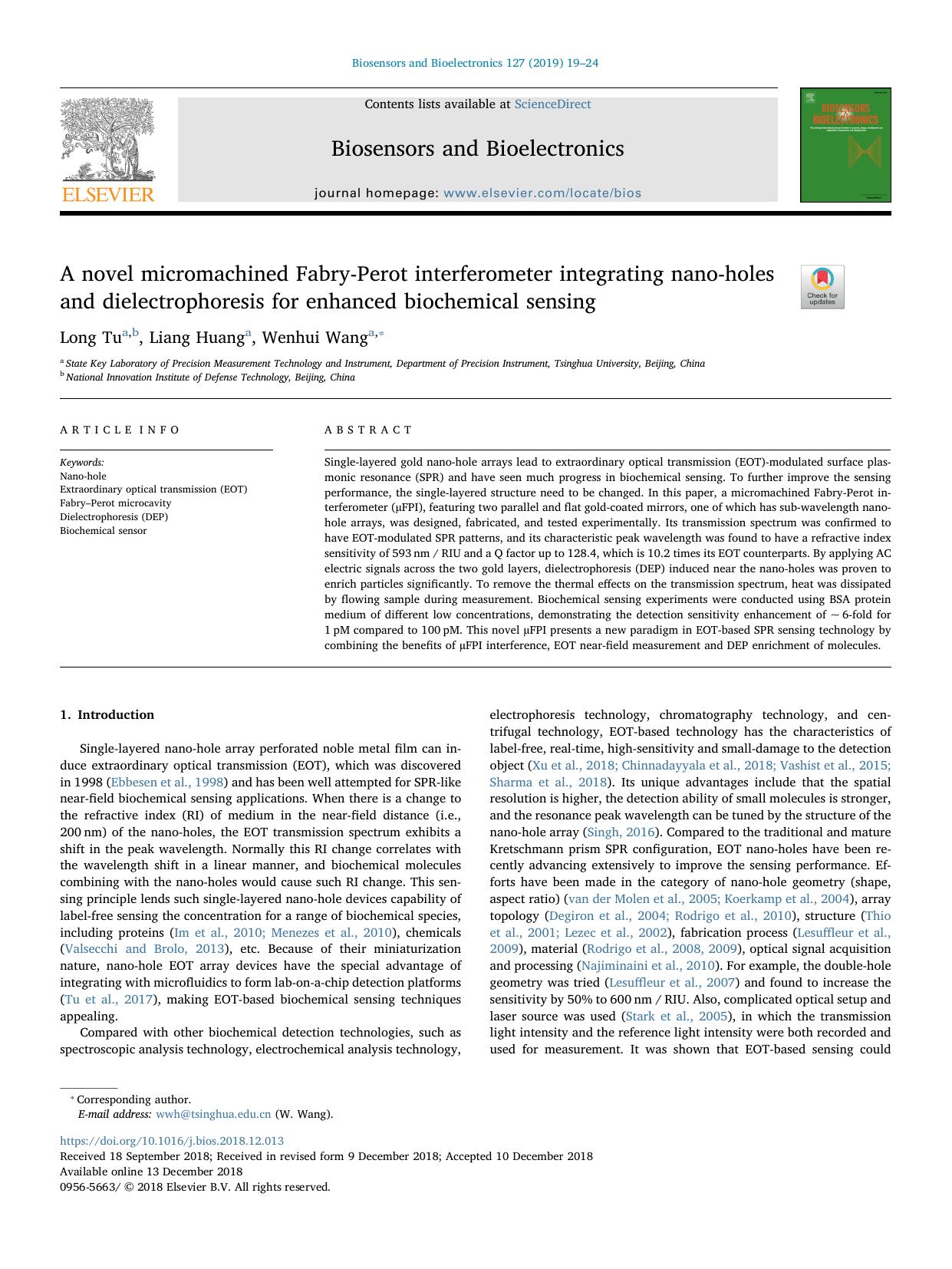 A novel micromachined Fabry-Perot interferometer integrating nano-holes and dielectrophoresis for enhanced biochemical sensing by Long Tu & Liang Huang & Wenhui Wang