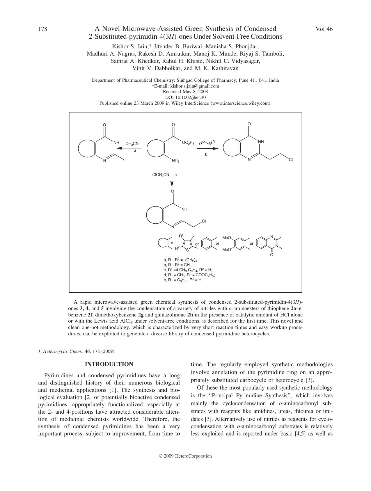 A novel microwave-assisted green synthesis of condensed 2-substituted-pyrimidin-4(3H)-ones under solvent-free conditions by Unknown