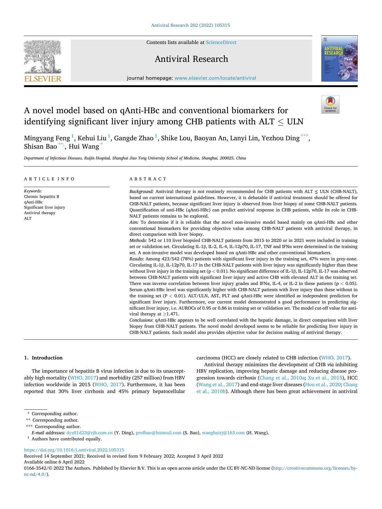 A novel model based on qAnti-HBc and conventional biomarkers for identifying significant liver injury among CHB patients with ALT Ã¢&#x89;Â¤ ULN by Mingyang Feng