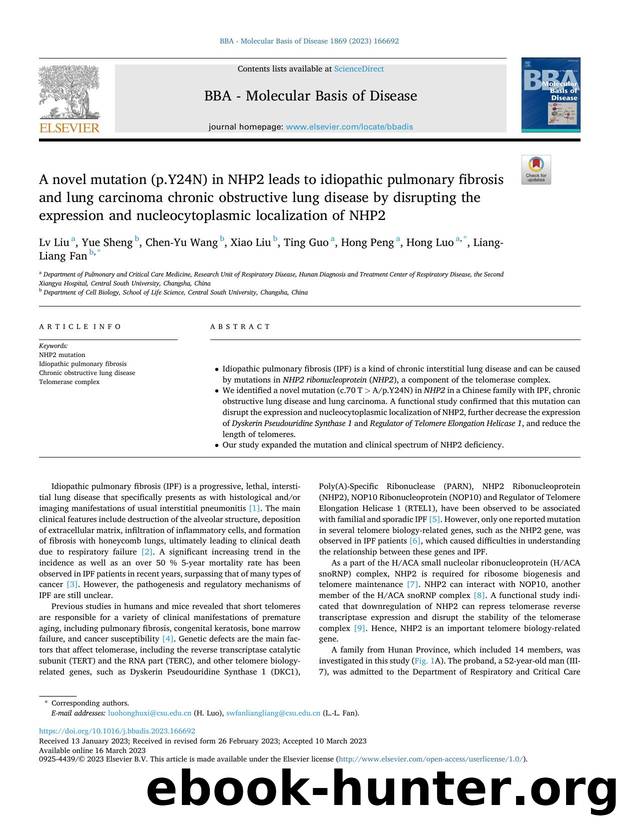 A novel mutation (p.Y24N) in NHP2 leads to idiopathic pulmonary fibrosis and lung carcinoma chronic obstructive lung disease by disrupting the expression and nucleocytoplasmic localization of NHP2 by Lv Liu & Yue Sheng & Chen-Yu Wang & Xiao Liu & Ting Guo & Hong Peng & Hong Luo & Liang-Liang Fan