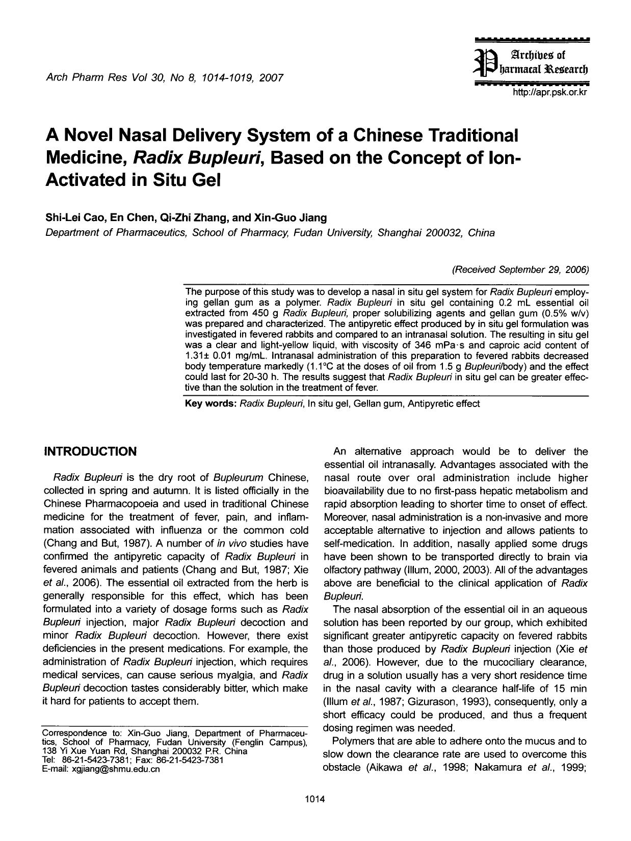 A novel nasal delivery system of a chinese traditional medicine, <Emphasis Type="Italic">Radix Bupleuri <Emphasis>, based on the concept of ion-activated in situ gel by Unknown