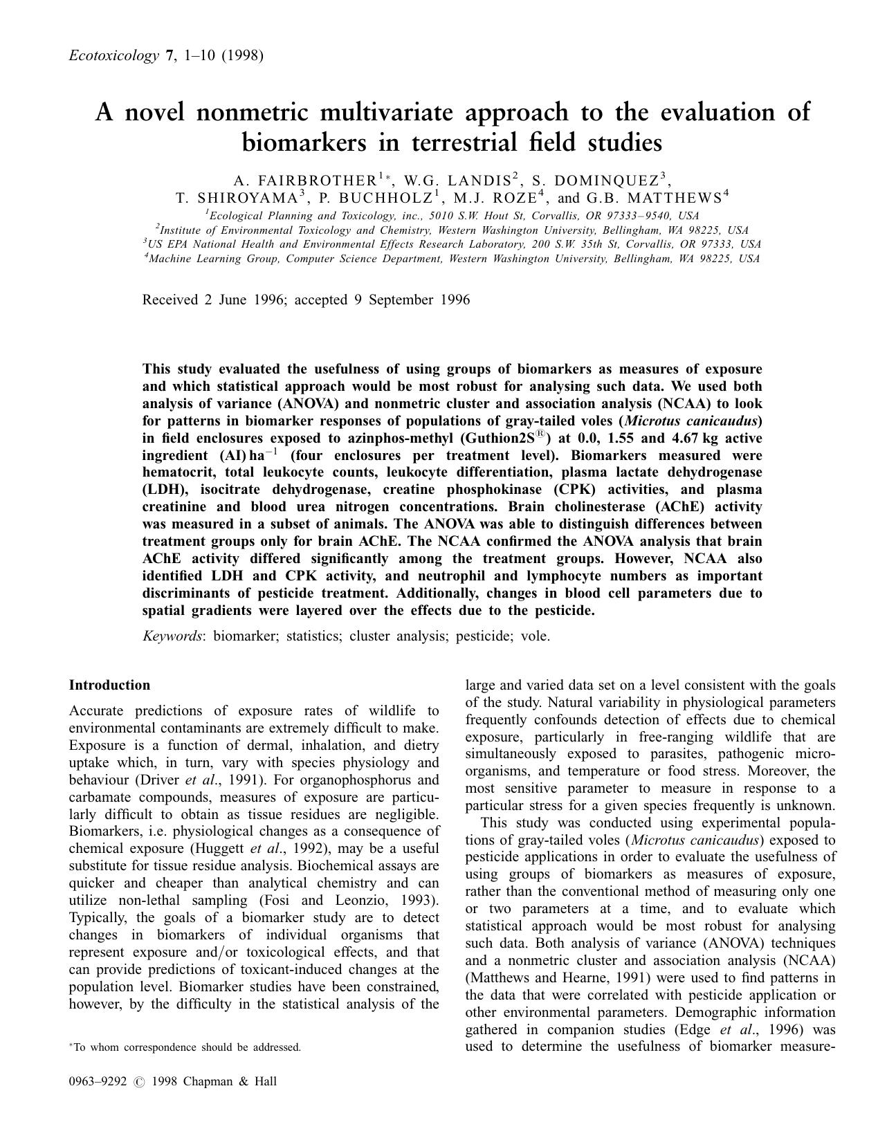 A novel nonmetric multivariate approach to the evaluation of biomarkers in terrestrial field studies by Unknown