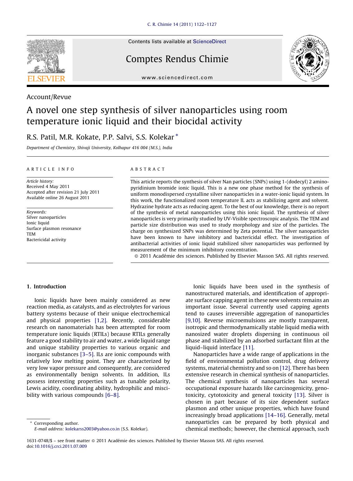 A novel one step synthesis of silver nanoparticles using room temperature ionic liquid and their biocidal activity by R.S. Patil