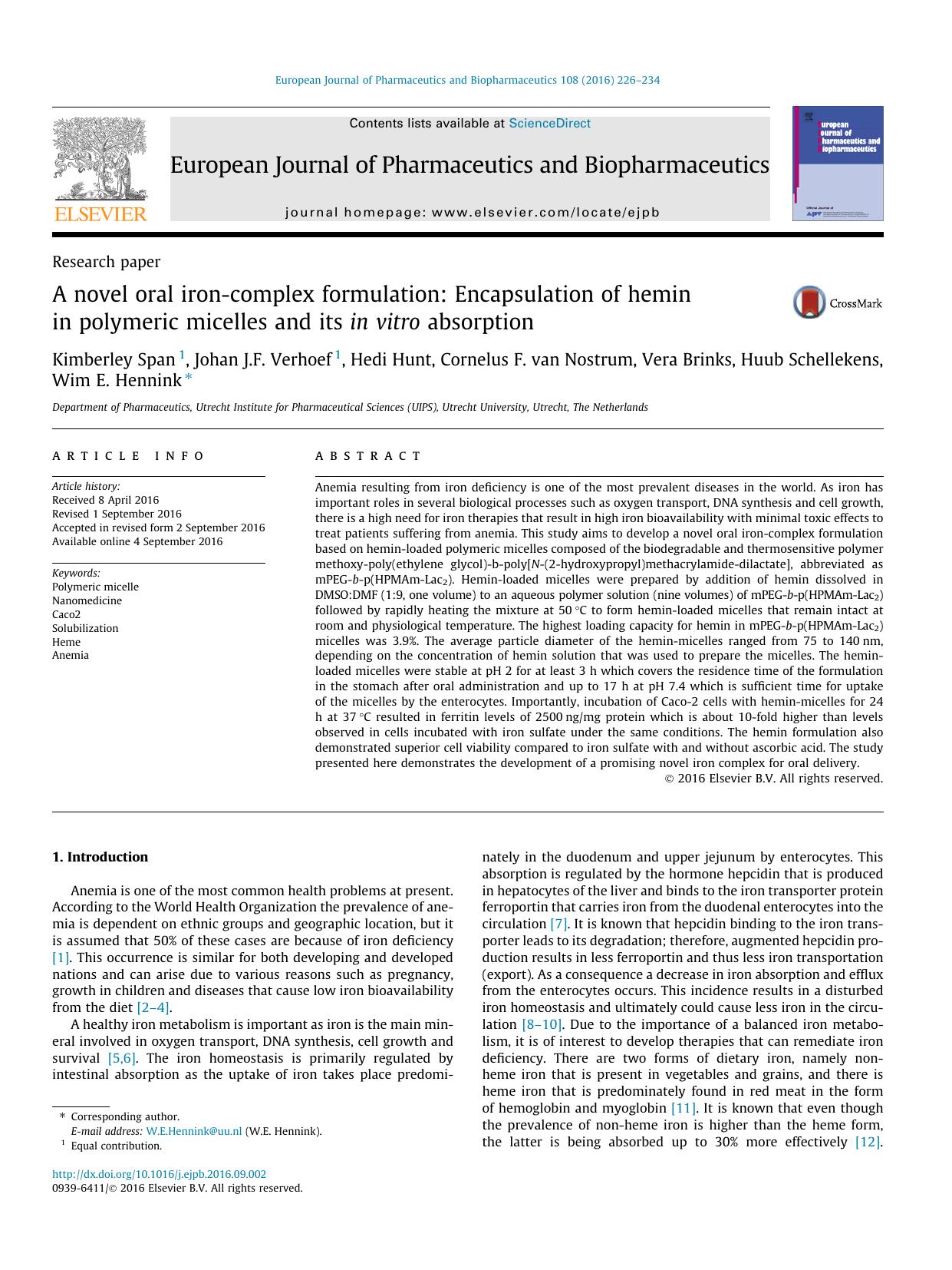 A novel oral iron-complex formulation: Encapsulation of hemin in polymeric micelles and its in vitro absorption by unknow