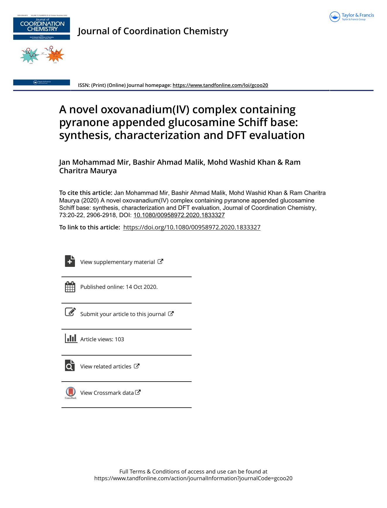 A novel oxovanadium(IV) complex containing pyranone appended glucosamine Schiff base: synthesis, characterization and DFT evaluation by Mir Jan Mohammad & Malik Bashir Ahmad & Khan Mohd Washid & Maurya Ram Charitra