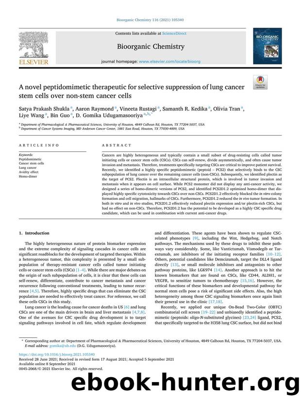 A novel peptidomimetic therapeutic for selective suppression of lung cancer stem cells over non-stem cancer cells by unknow