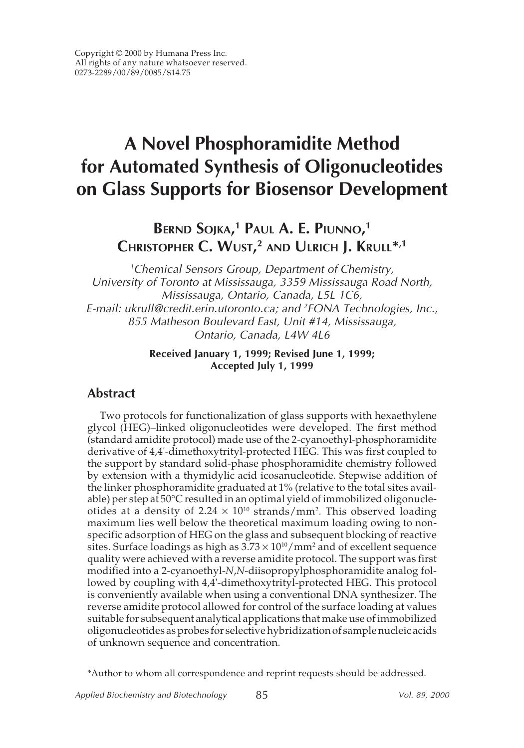 A novel phosphoramidite method for automated synthesis of oligonucleotides on glass supports for biosensor development by Unknown