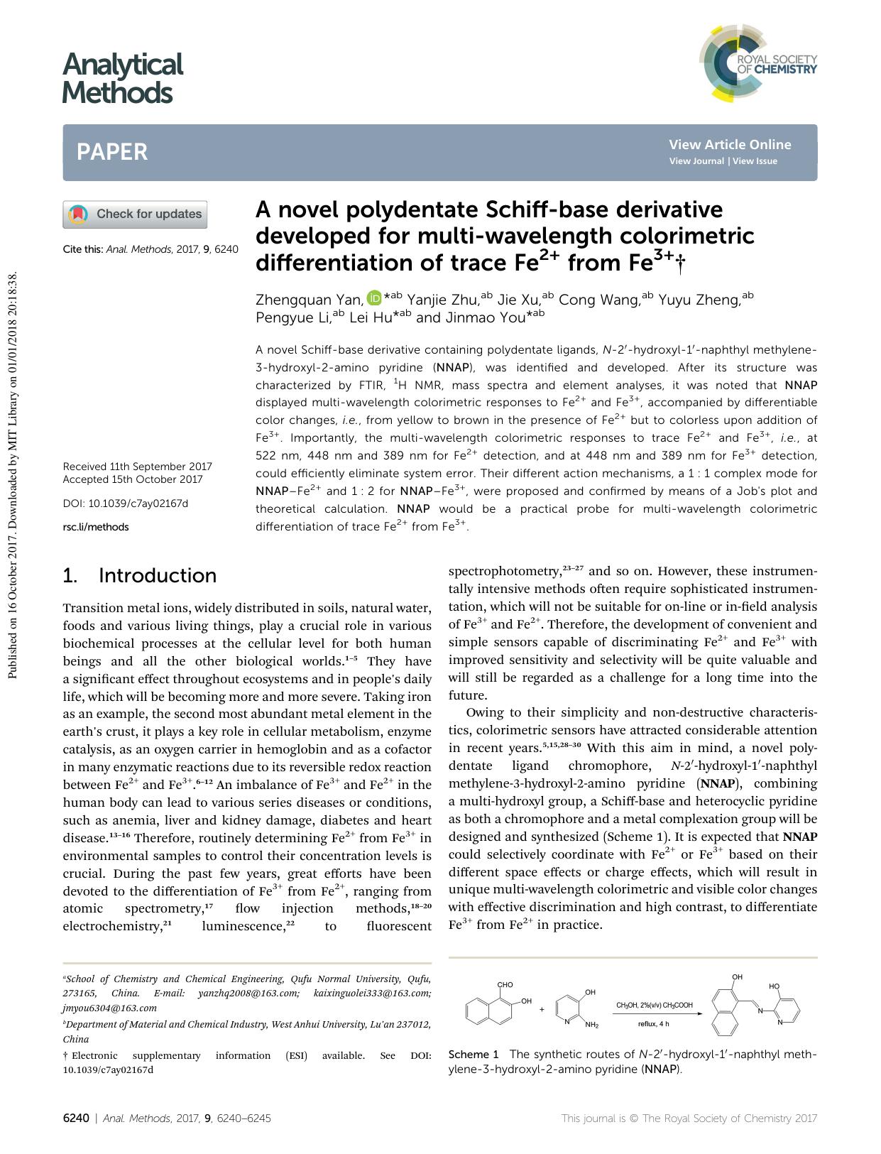 A novel polydentate Schiff-base derivative developed for multi-wavelength colorimetric differentiation of trace Fe2+ from Fe3+ by Zhengquan Yan & Yanjie Zhu & Jie Xu & Cong Wang & Yuyu Zheng & Pengyue Li & Lei Hu & Jinmao You