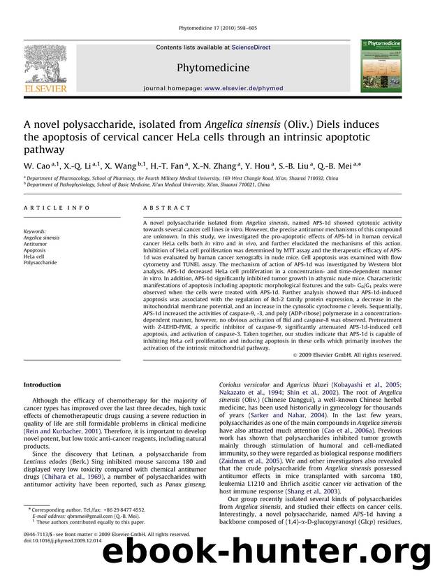 A novel polysaccharide, isolated from Angelica sinensis (Oliv.) Diels induces the apoptosis of cervical cancer HeLa cells through an intrinsic apoptotic pathway by W. Cao; X.-Q. Li; X. Wang; H.-T. Fan; X.-N. Zhang; Y. Hou; S.-B. Liu; Q.-B. Mei