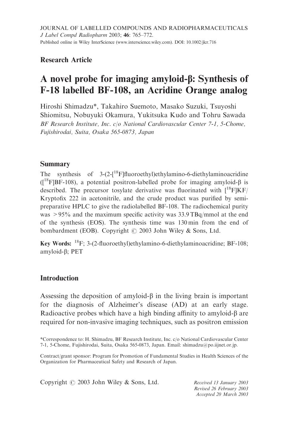 A novel probe for imaging amyloid-[beta]: Synthesis of F-18 labelled BF-108, an Acridine Orange analog by Unknown