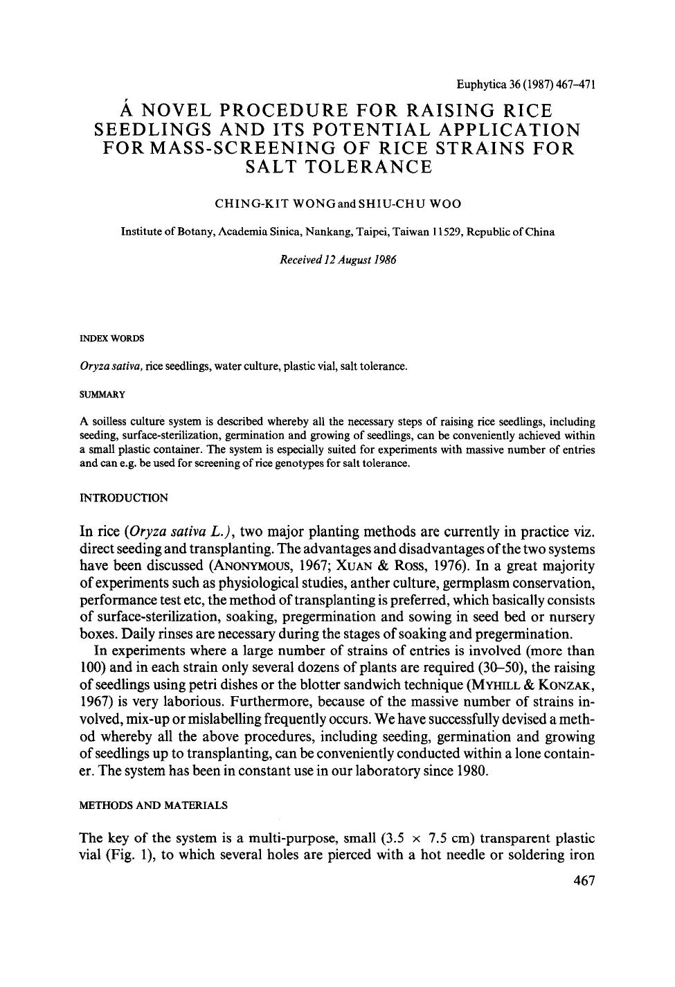 A novel procedure for raising rice seedlings and its potential application for mass-screening of rice strains for salt tolerance by Unknown