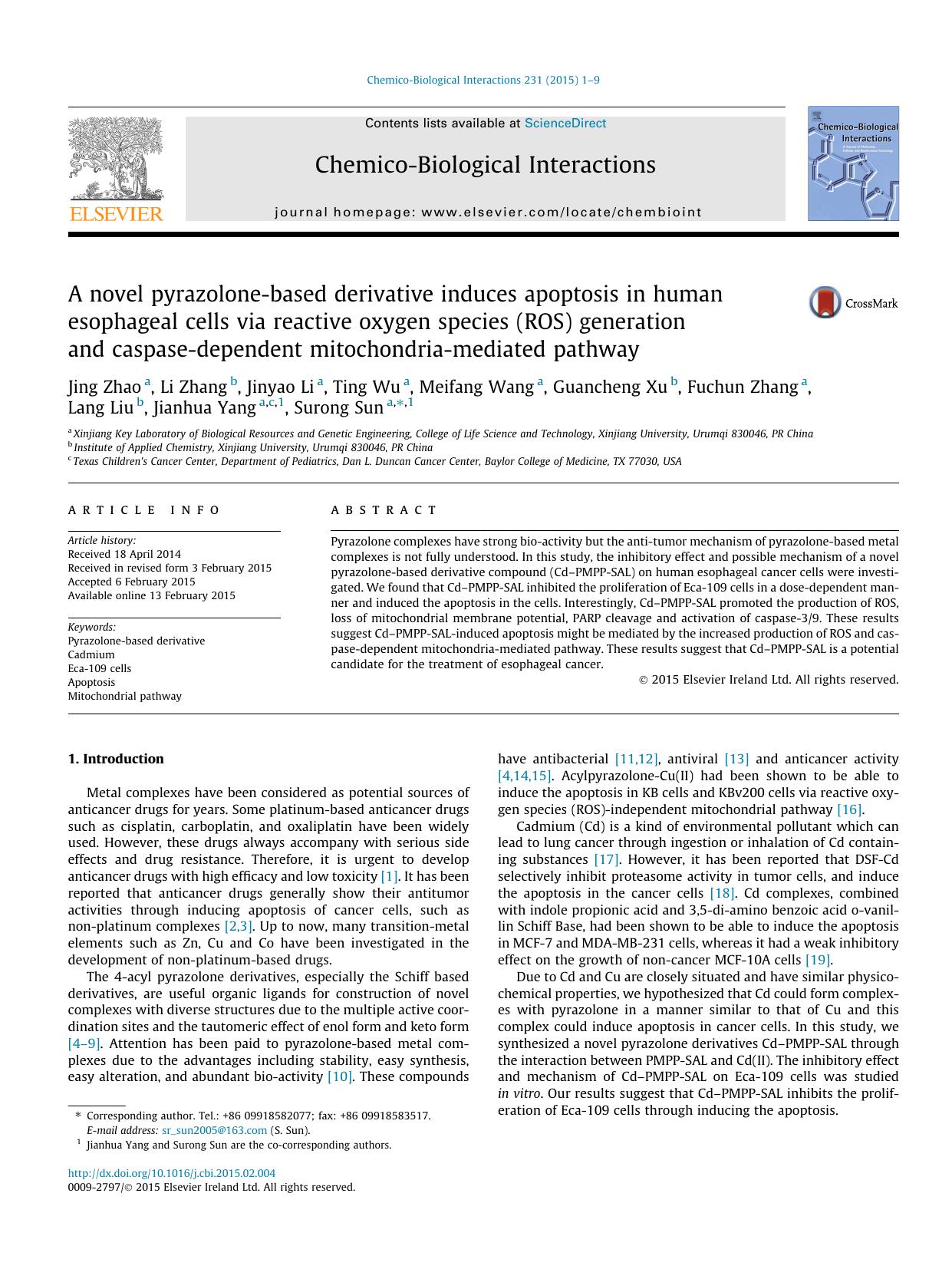 A novel pyrazolone-based derivative induces apoptosis in human esophageal cells via reactive oxygen species (ROS) generation and caspase-dependent mitochondria-mediated pathway by unknow