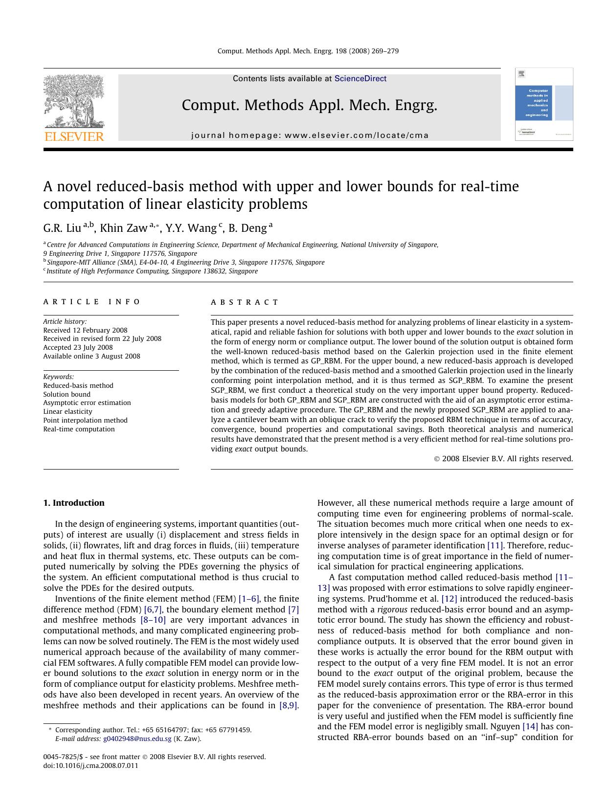 A novel reduced-basis method with upper and lower bounds for real-time computation of linear elasticity problems by G.R. Liu; Khin Zaw; Y.Y. Wang; B. Deng