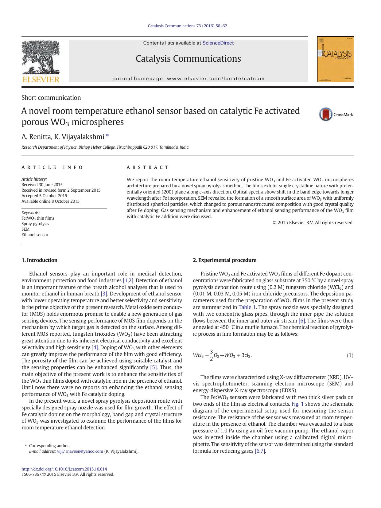 A novel room temperature ethanol sensor based on catalytic Fe activated porous WO3 microspheres by A. Renitta & K. Vijayalakshmi