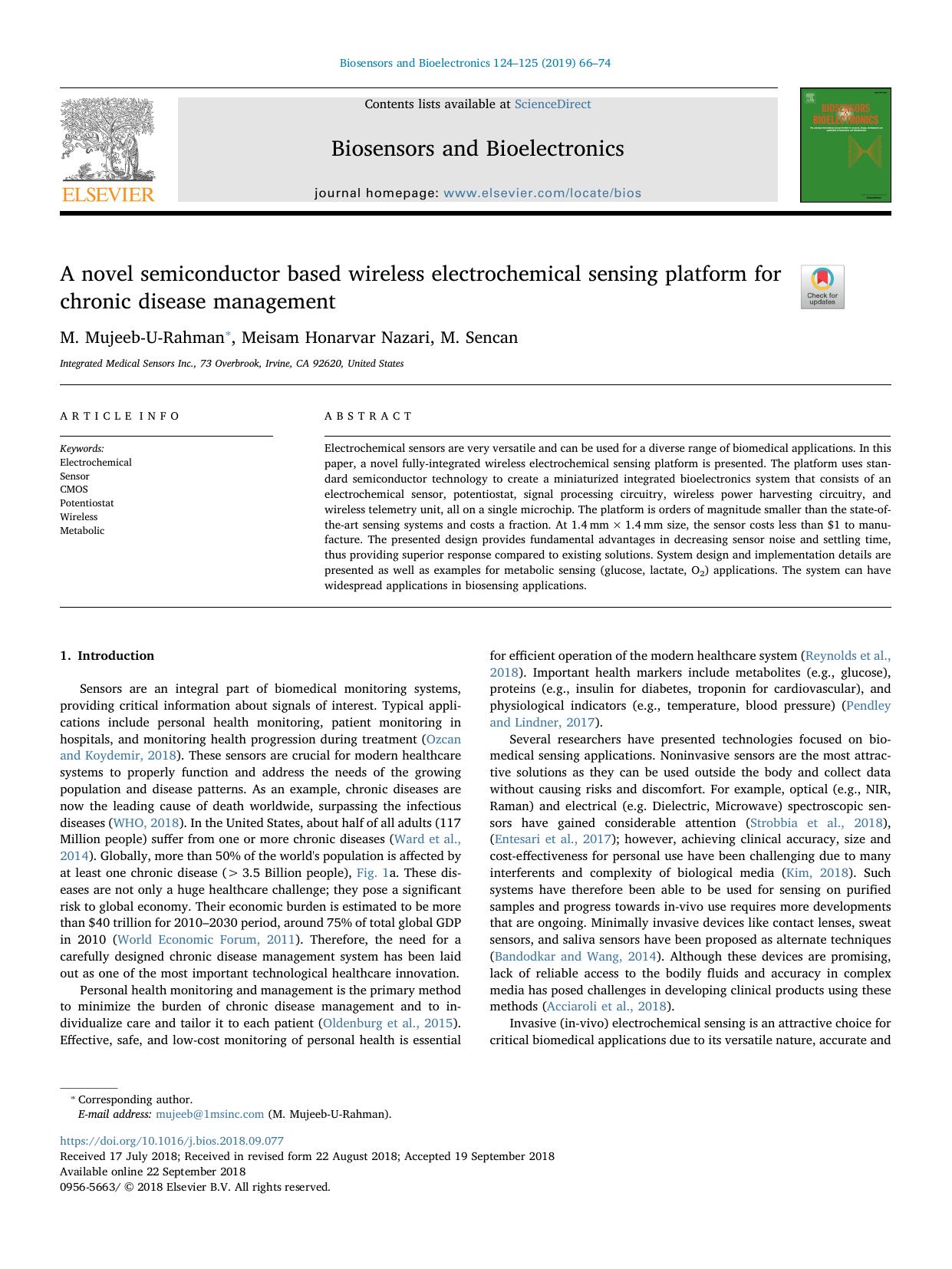 A novel semiconductor based wireless electrochemical sensing platform for chronic disease management by M. Mujeeb-U-Rahman & Meisam Honarvar Nazari & M. Sencan