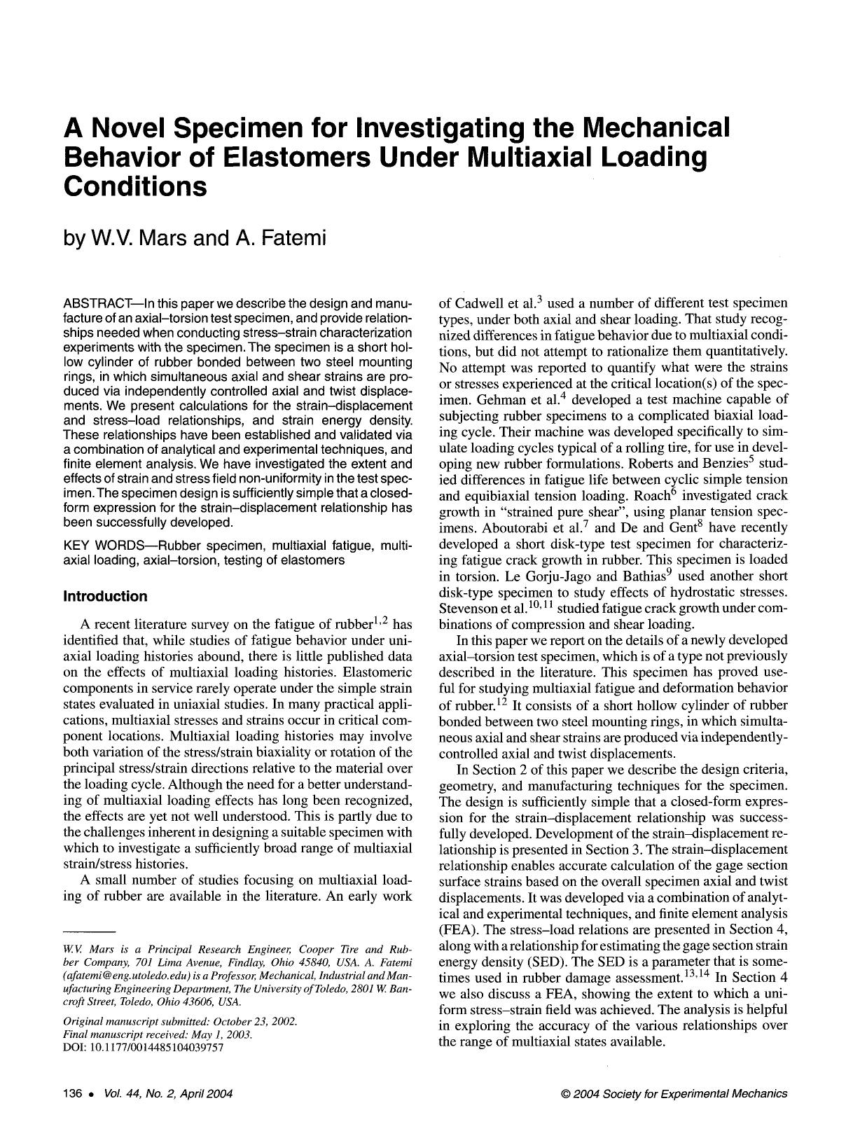 A novel specimen for investigating the mechanical behavior of elastomers under multiaxial loading conditions by Unknown