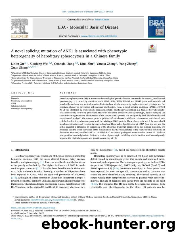A novel splicing mutation of ANK1 is associated with phenotypic heterogeneity of hereditary spherocytosis in a Chinese family by Linlin Xu & Xiaofeng Wei & Guanxia Liang & Dina Zhu & Yanxia Zhang & Yang Zhang & Xuan Shang