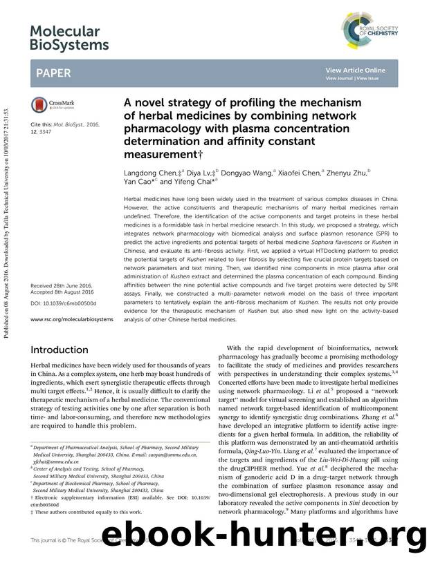 A novel strategy of profiling the mechanism of herbal medicines by combining network pharmacology with plasma concentration determination and affinity constant measurement by Langdong Chen & Diya Lv & Dongyao Wang & Xiaofei Chen & Zhenyu Zhu & Yan Cao & Yifeng Chai