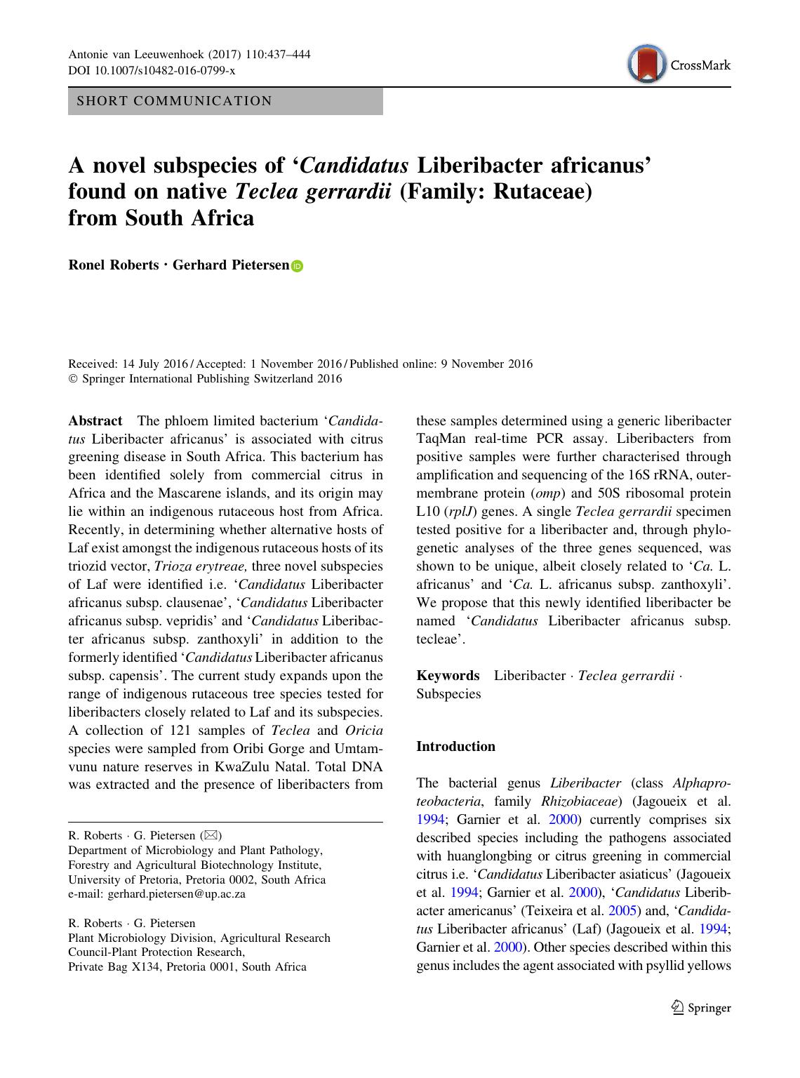 A novel subspecies of âCandidatus Liberibacter africanusâ found on native Teclea gerrardii (Family: Rutaceae) from South Africa by Ronel Roberts & Gerhard Pietersen