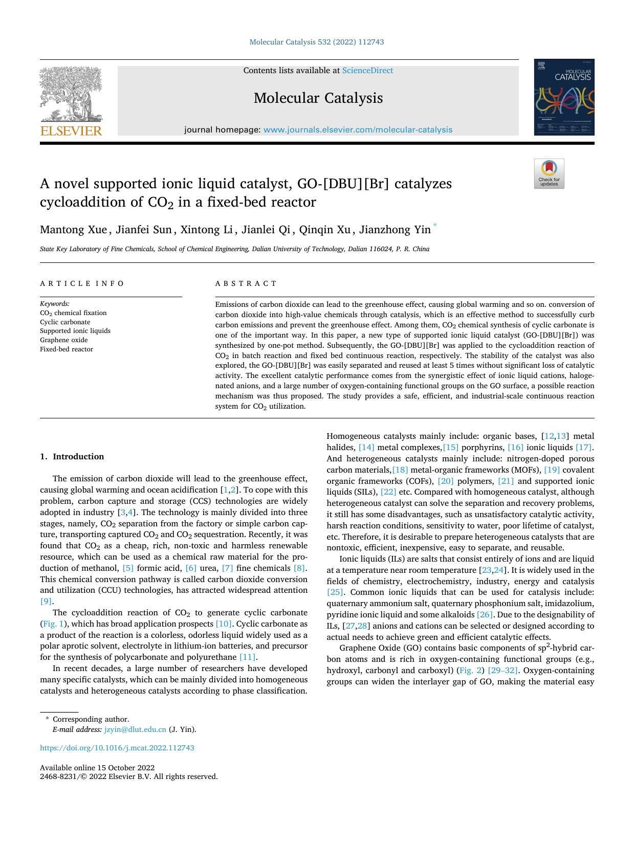 A novel supported ionic liquid catalyst, GO-[DBU][Br] catalyzes cycloaddition of CO2 in a fixed-bed reactor by Mantong Xue & Jianfei Sun & Xintong Li & Jianlei Qi & Qinqin Xu & Jianzhong Yin