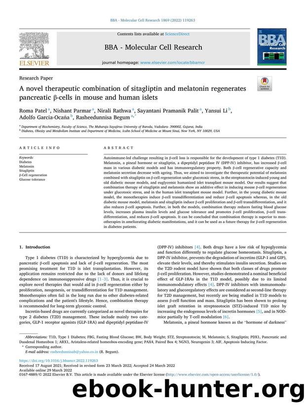 A novel therapeutic combination of sitagliptin and melatonin regenerates pancreatic Î²-cells in mouse and human islets by unknow