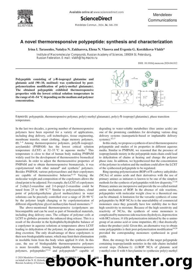 A novel thermoresponsive polypeptide: synthesis and characterization by Irina I. Tarasenko & Natalya N. Zakharova & Elena N. Vlasova & Evgenia G. Korzhikova-Vlakh