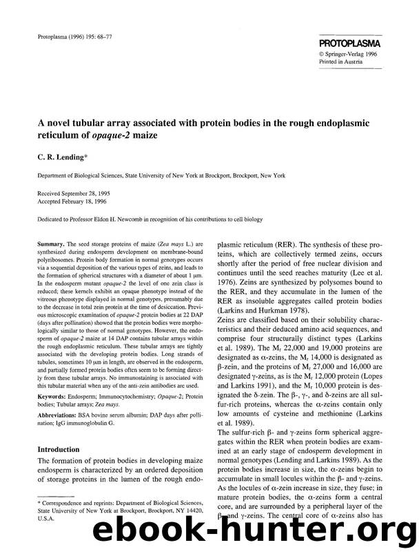 A novel tubular array associated with protein bodies in the rough endoplasmic reticulum of <Emphasis Type="Italic">opaque-2 <Emphasis> maize by Unknown